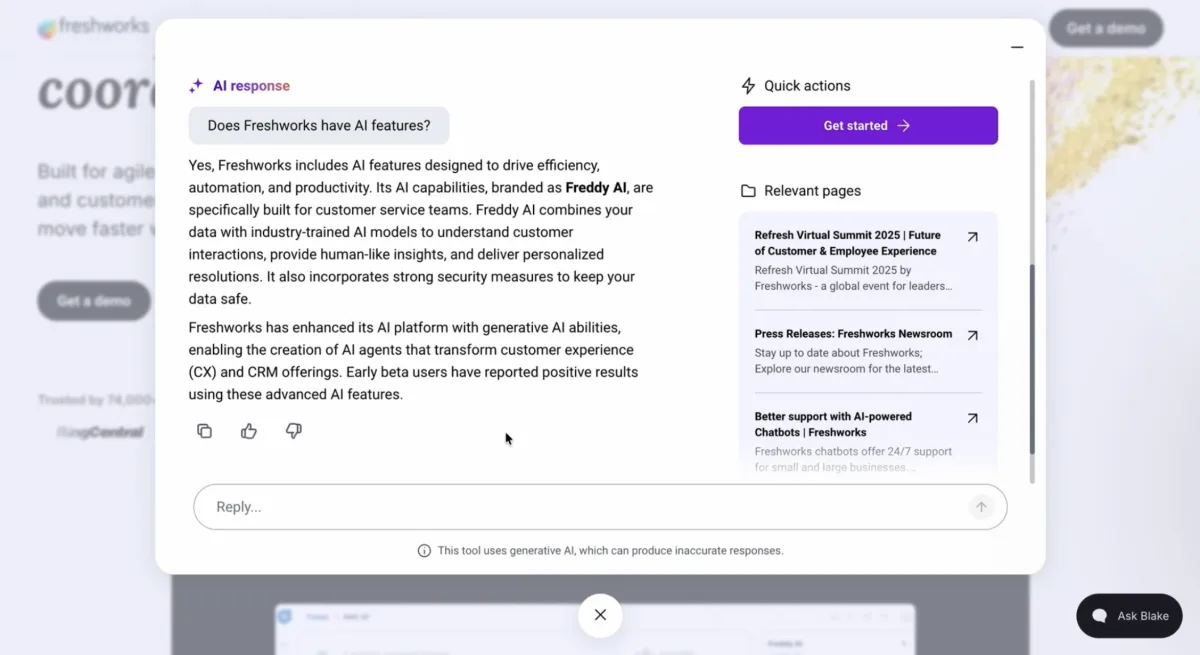 The AI Mode assistant answering a question on freshworks.com