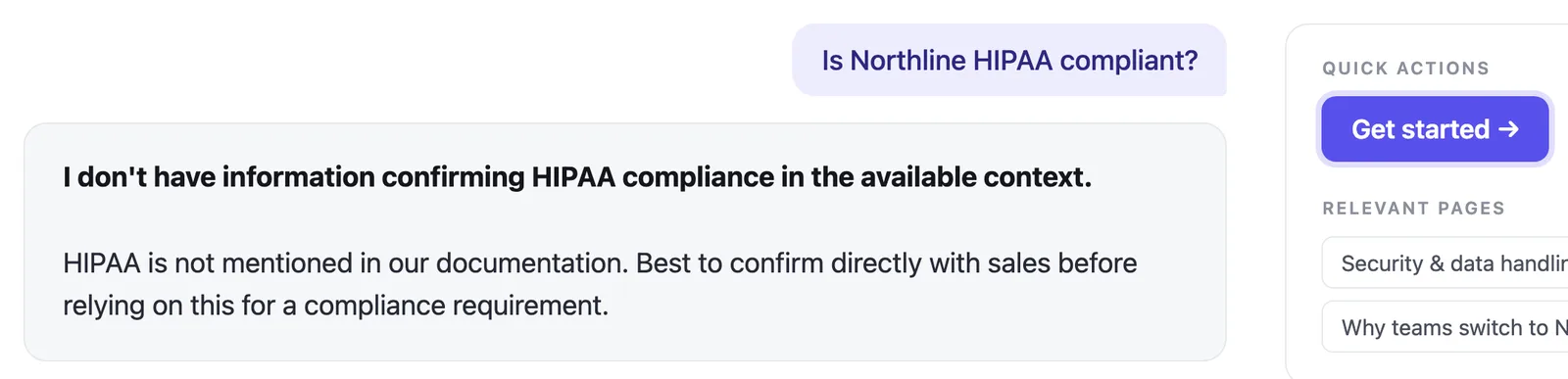 An assistant answer that says it has no information about HIPAA, with a Get started button underneath, next to the line of code that caused it