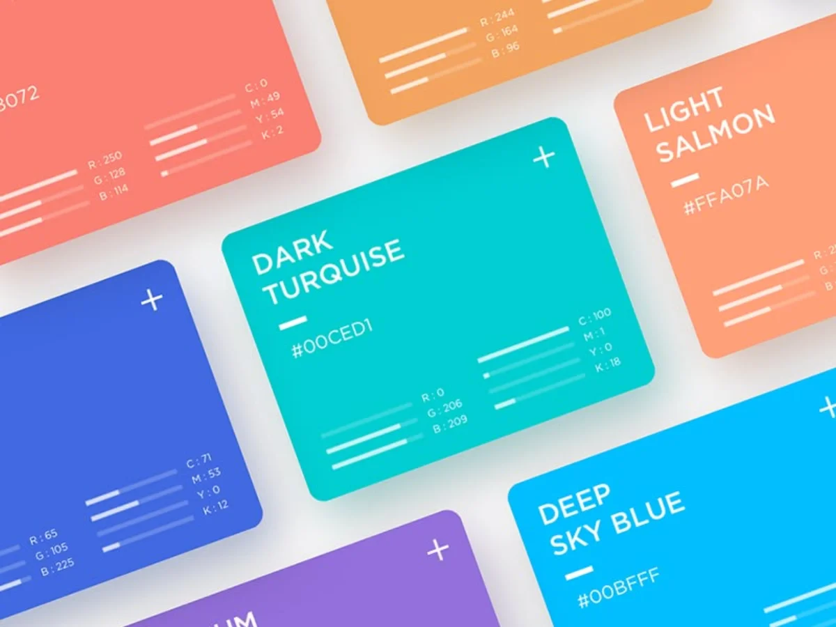 Colorful color-swatch cards with hex codes and RGB/CMYK values