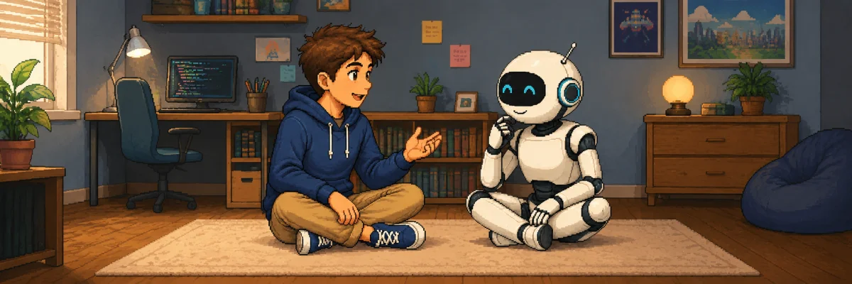 A person and a friendly robot having a conversation
